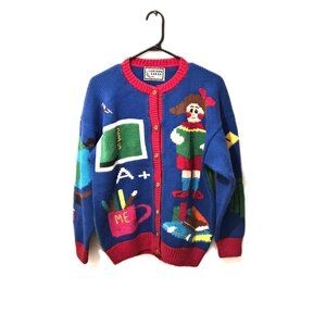 VTG Cotton Salsa Peruvian Knit Cardigan Academia Novelty Whimsical 3D Storybook